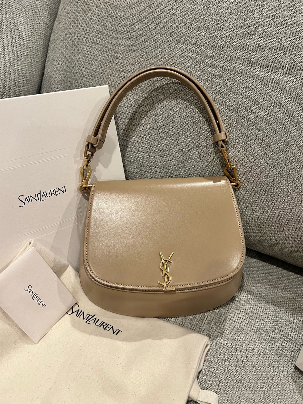 NEW SAINT LAURENT YSL VOLTAIRE TOP HANDLE LEATHER SHOULDER BAG - DARK TOFFEE